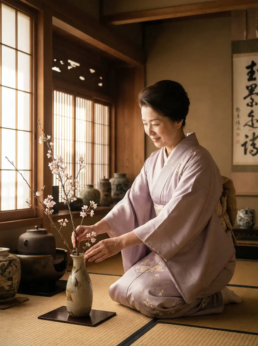 一位优雅的 侠女十三妹 在和室中插花