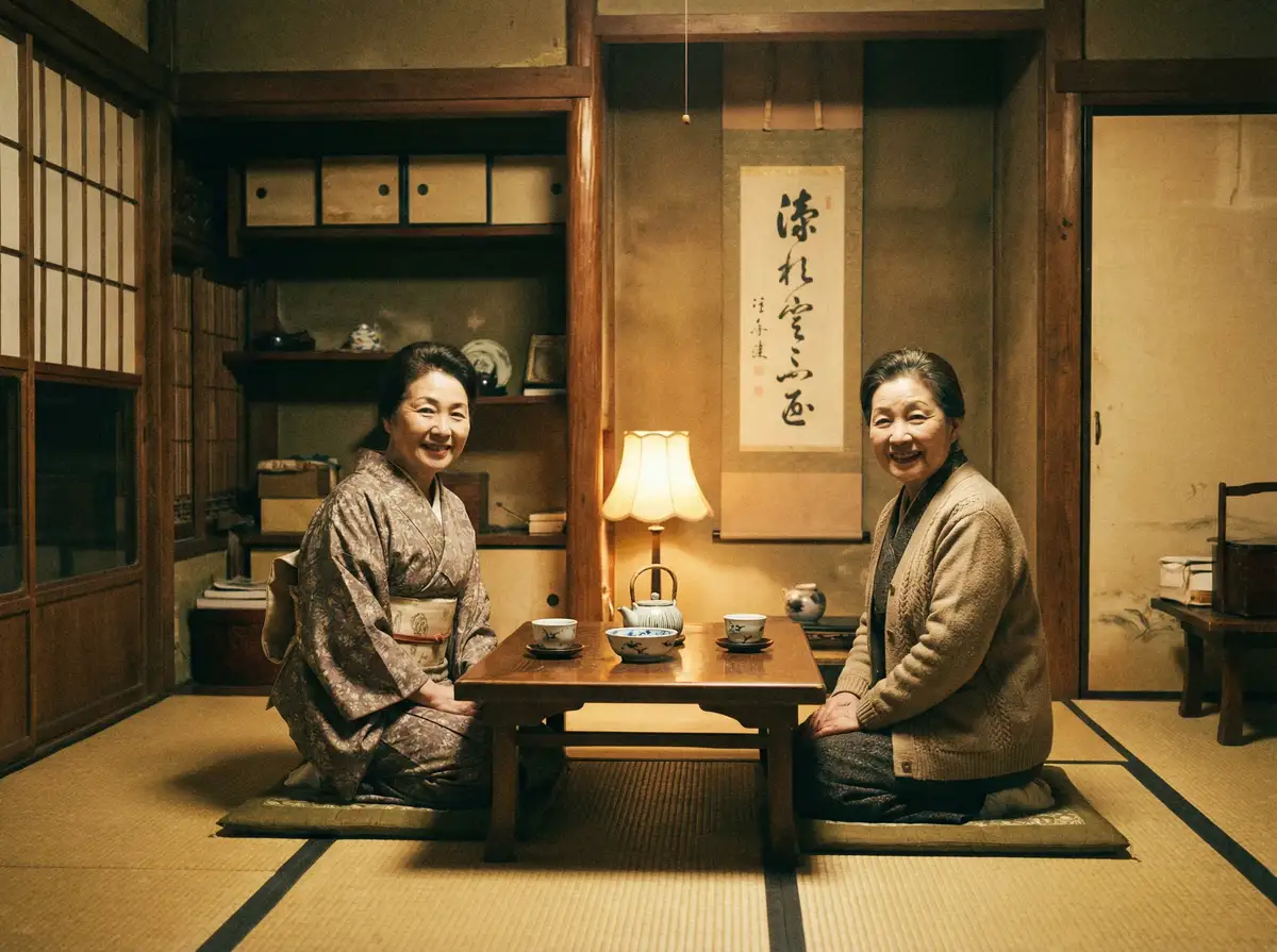 两位优雅的 侠女十三妹 在日式茶室中品茶交谈